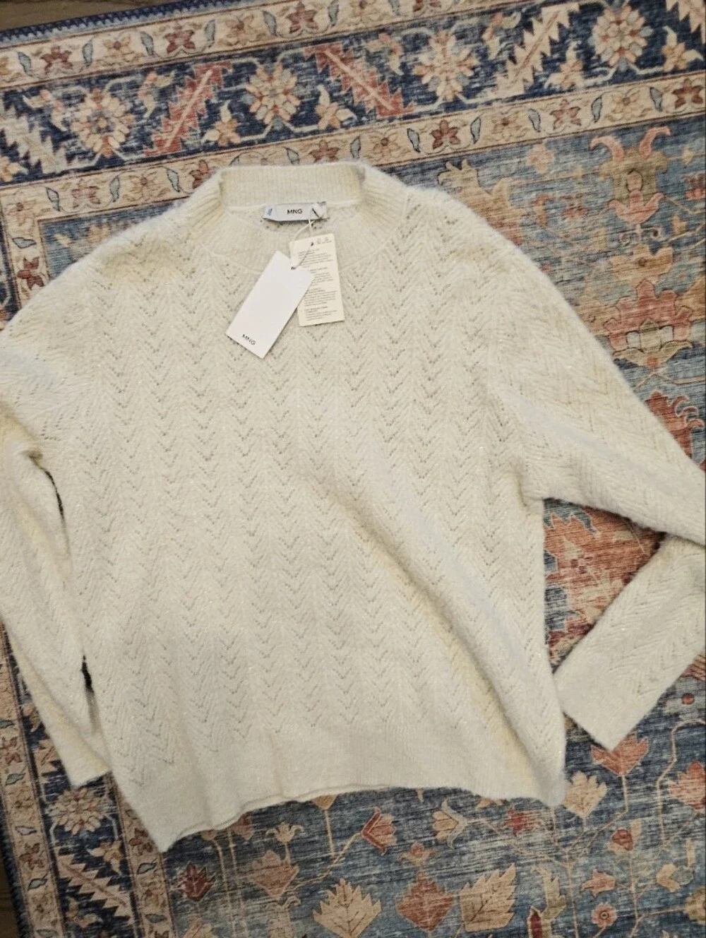 NWT Mango Ecru Cable-Knit Lurex Sweater with Black Sheer Hosiery Size L